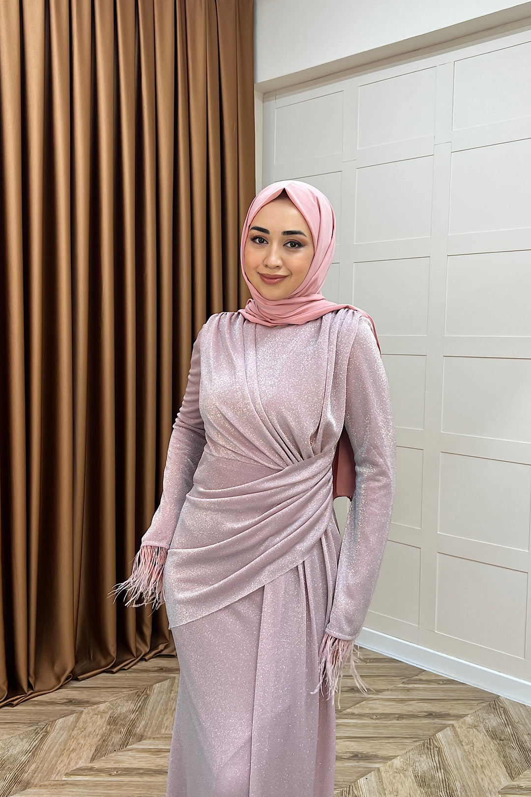 Rosalin Tüy Detay Abiye Pudra 3088-PUDRA