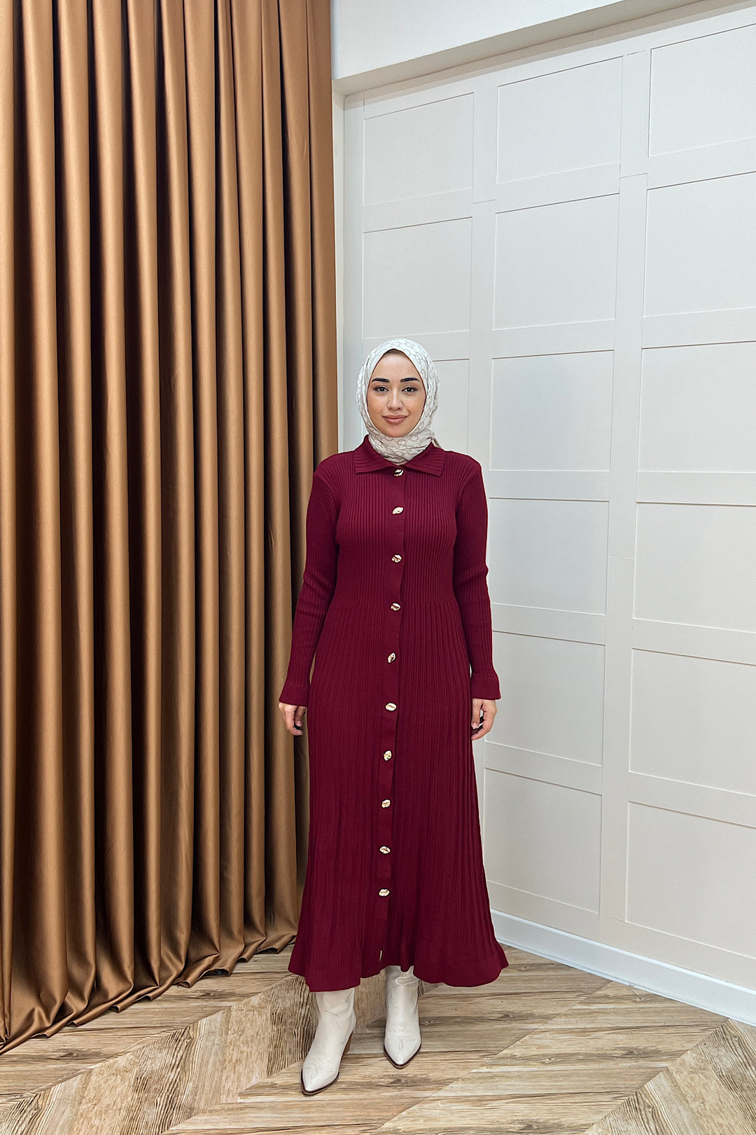 Endam Düğmeli Triko Elbise Bordo 10201-BORDO