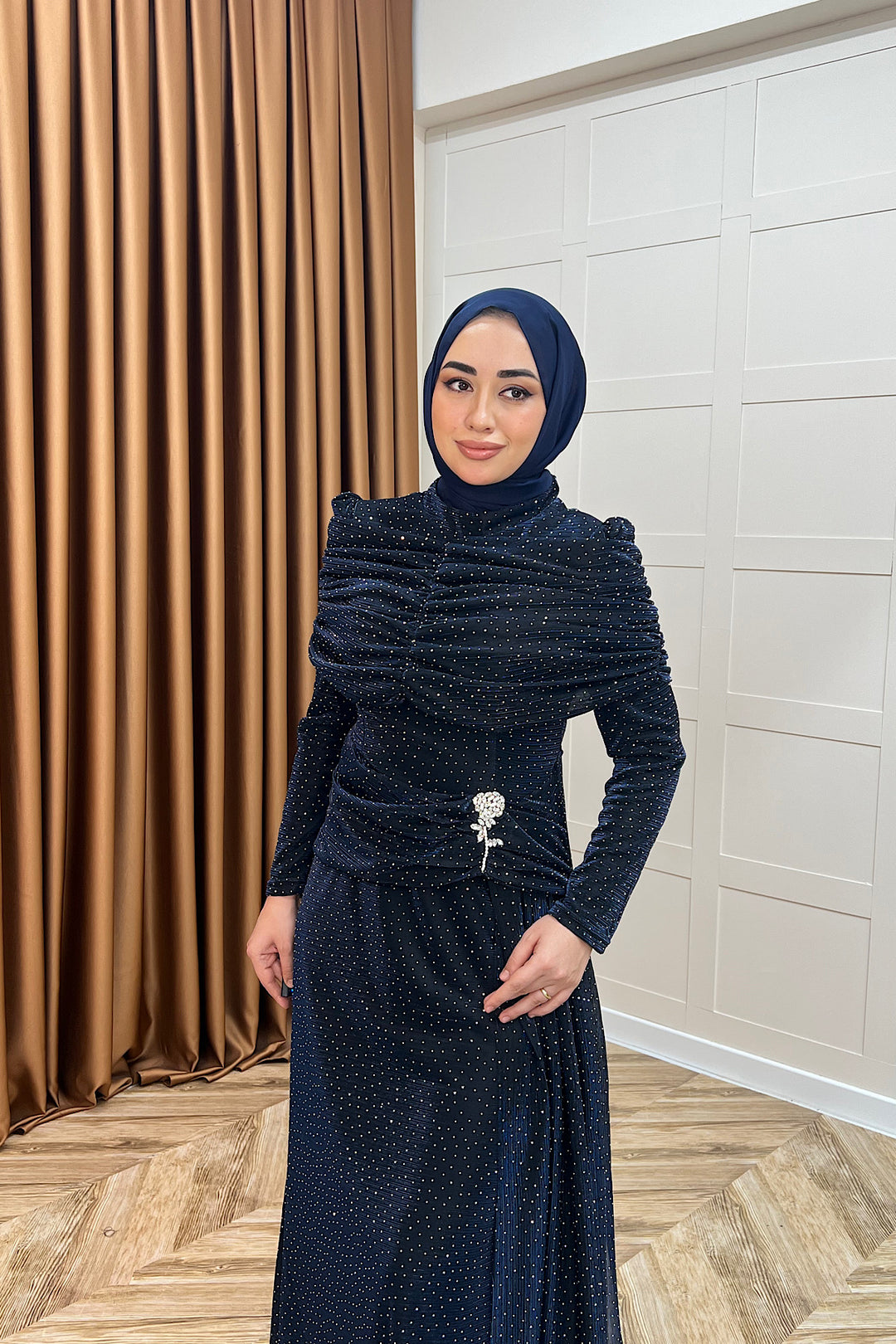 Helena Çiçek Taşlı Abiye Lacivert 3097-LACIVERT