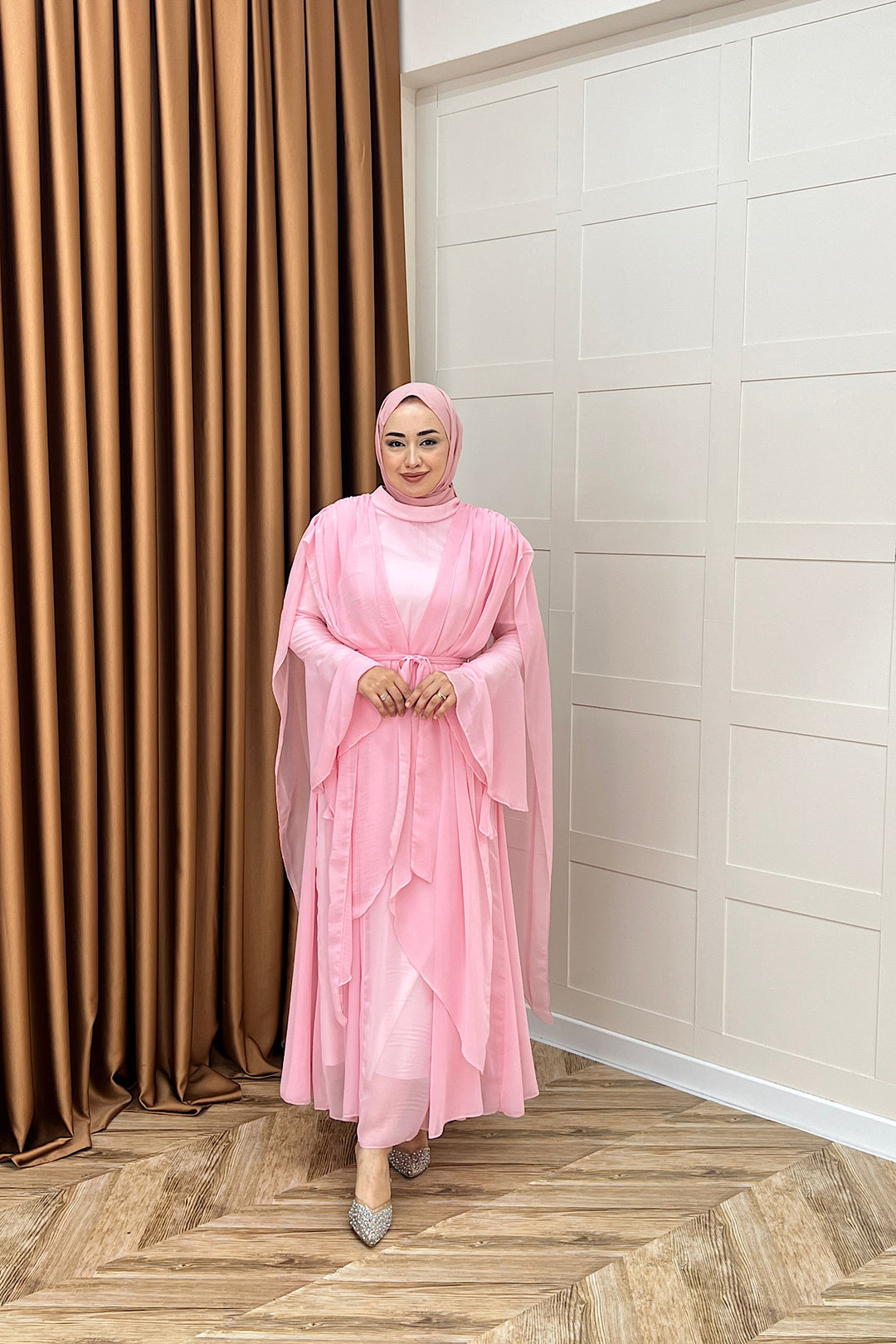 Aliza Büzgülü Şifon Elbise Pembe 2002-PEMBE