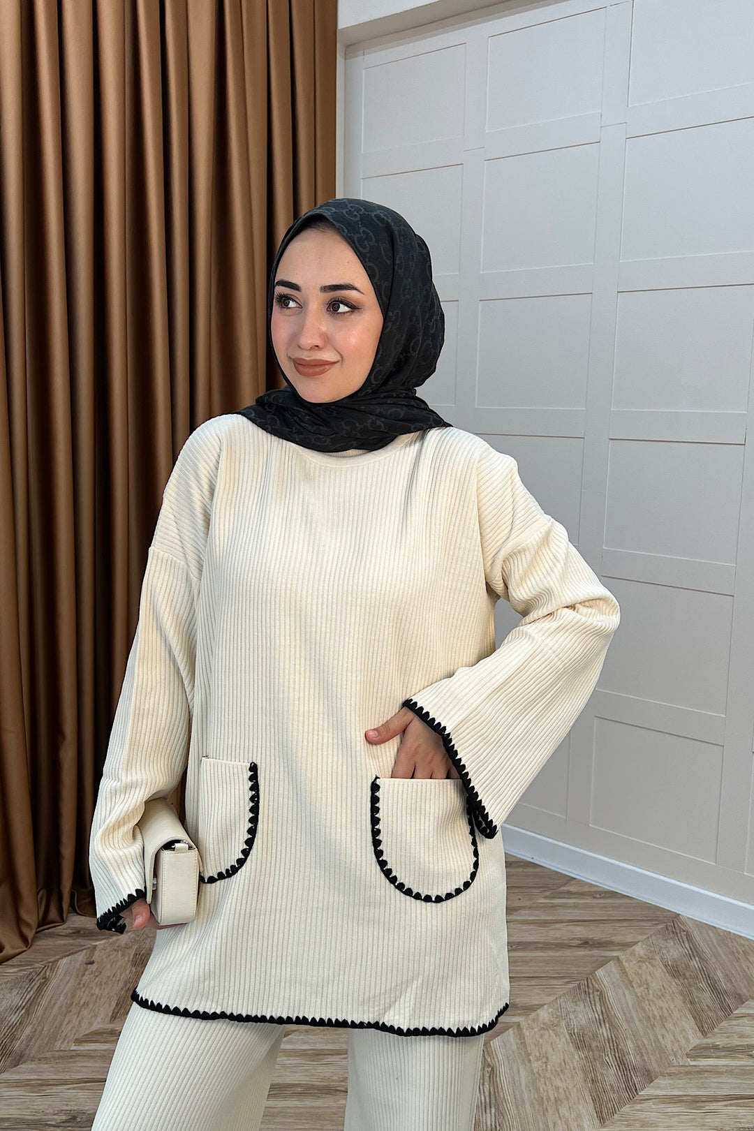 Cep Örgülü Triko Takım Krem 24200-KREM