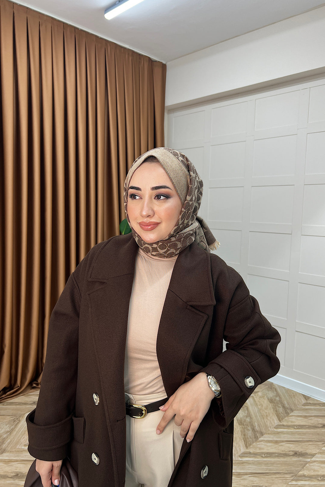 Lara Kuşaklı Kaşe Kaban Kahverengi 5541-KAHVERENGI