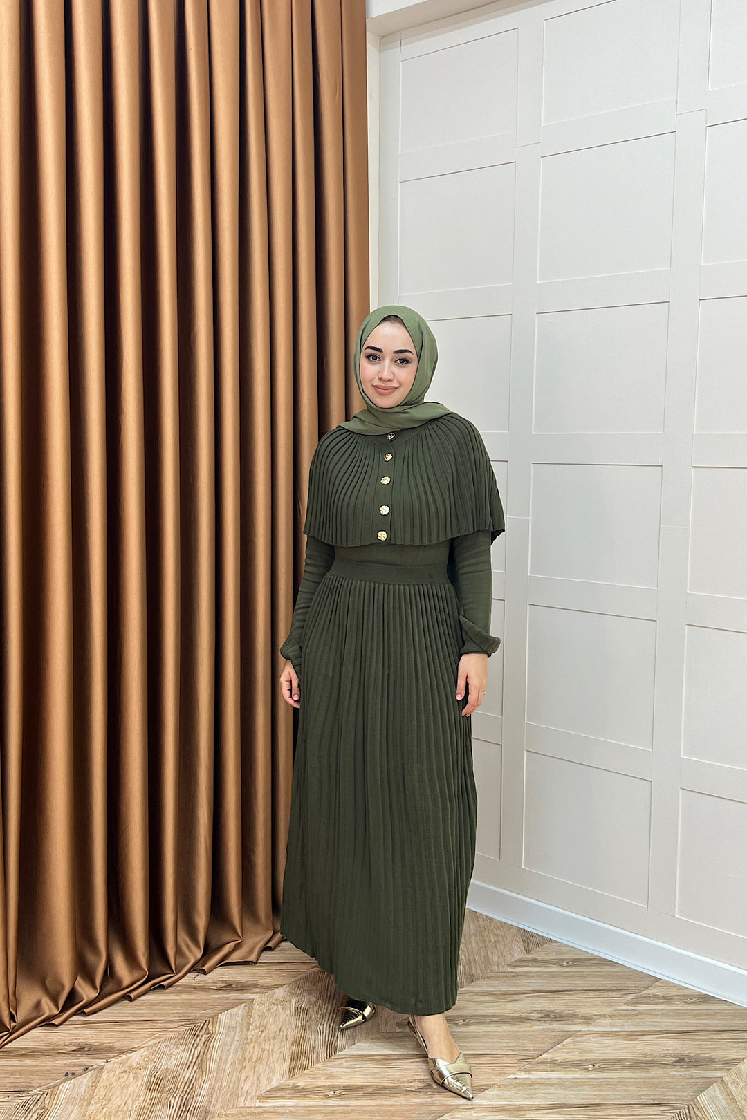 Kelebek Pelerinli Triko Elbise Haki 10200-HAKI