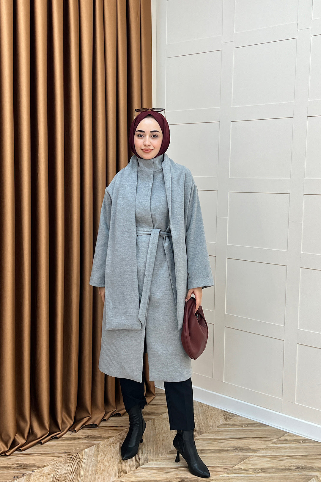 Siena Atkı Detay Kaşe Kaban Gri 5530-GRI