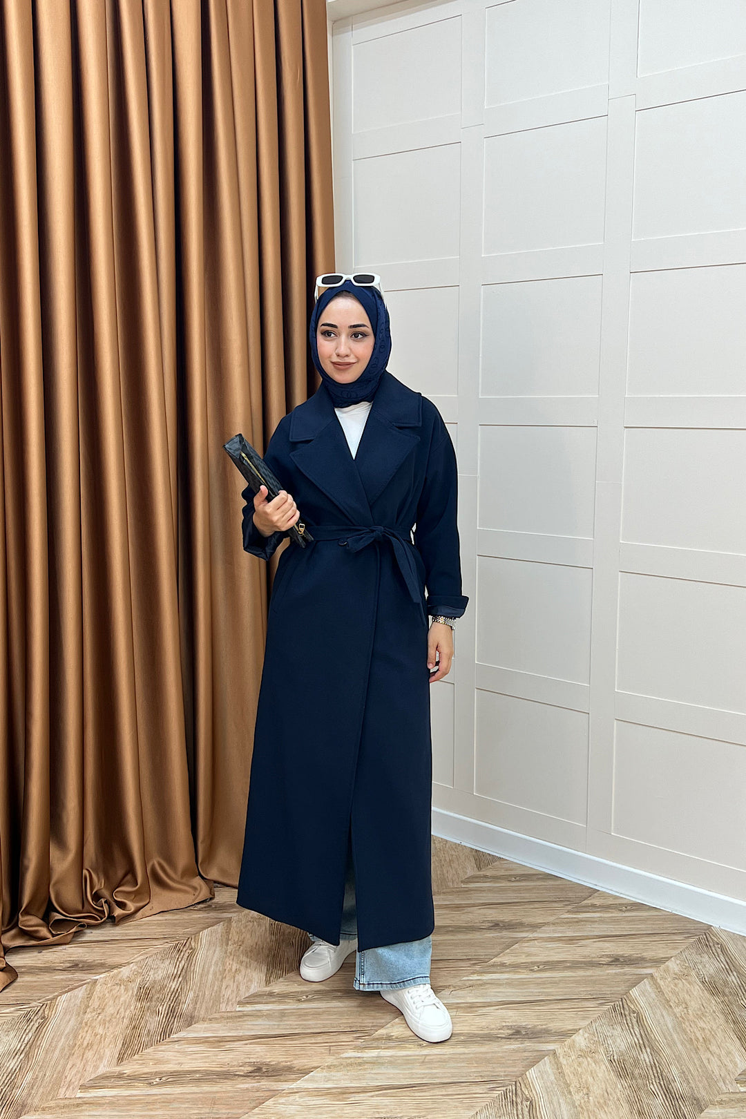 Retro Premium Kumaş Uzun Kaşe Kaban Lacivert 5509-LACIVERT