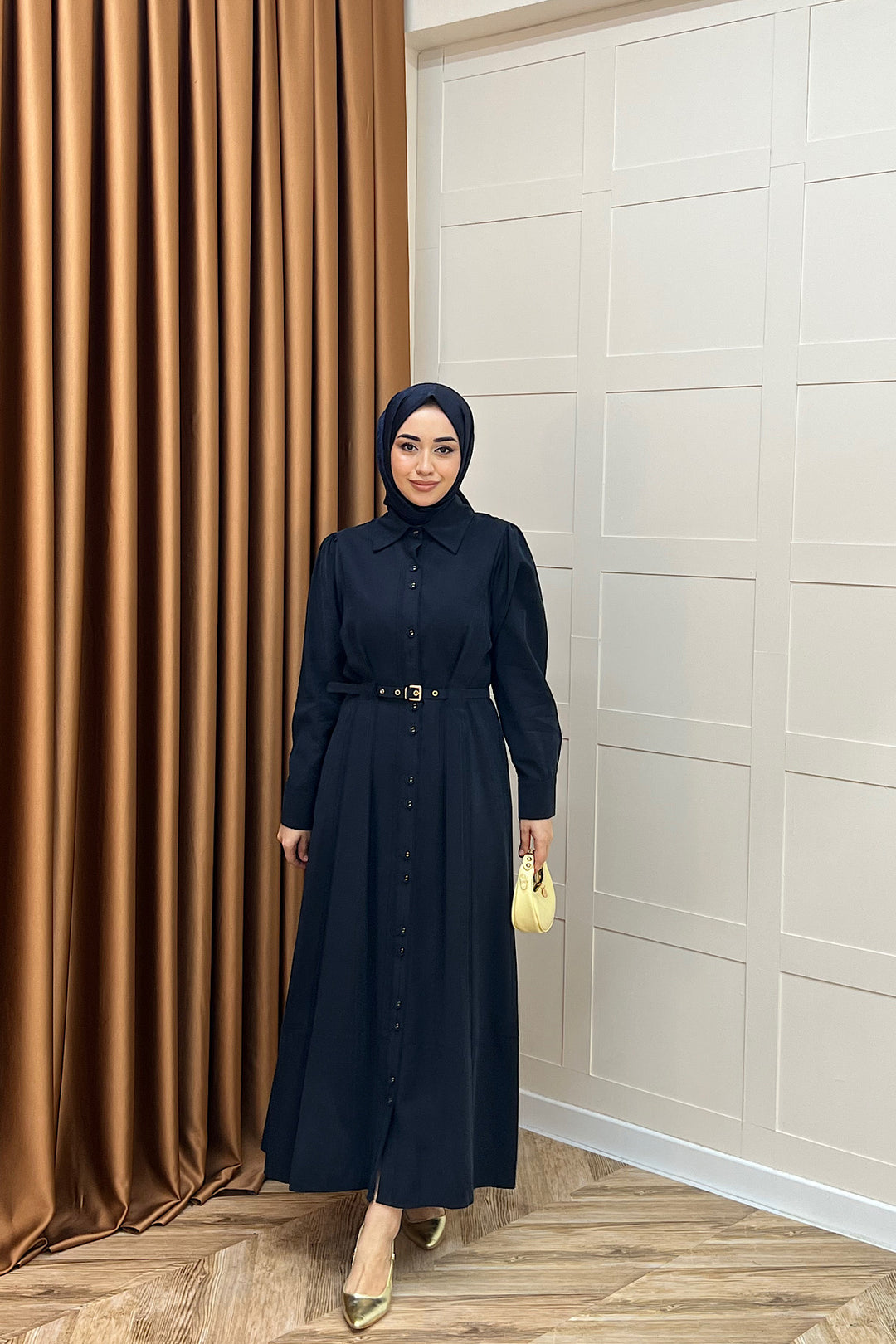 Nisa Boydan Düğmeli Elbise Lacivert 3000-LACIVERT