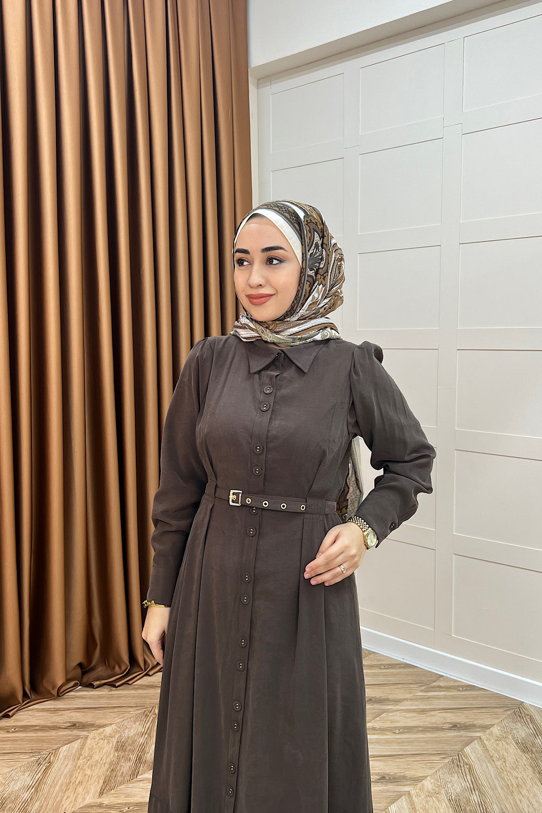 Nisa Boydan Düğmeli Elbise Kahverengi 3000-KAHVERENGI