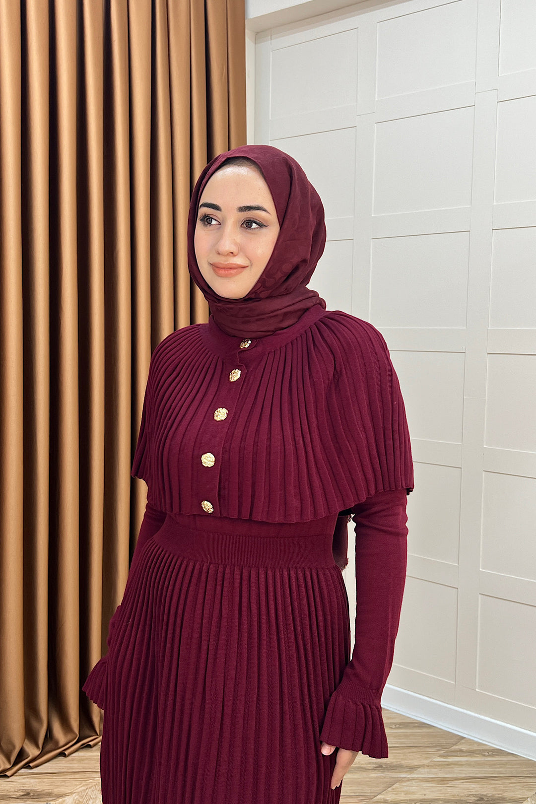 Kelebek Pelerinli Triko Elbise Bordo 10200-BORDO