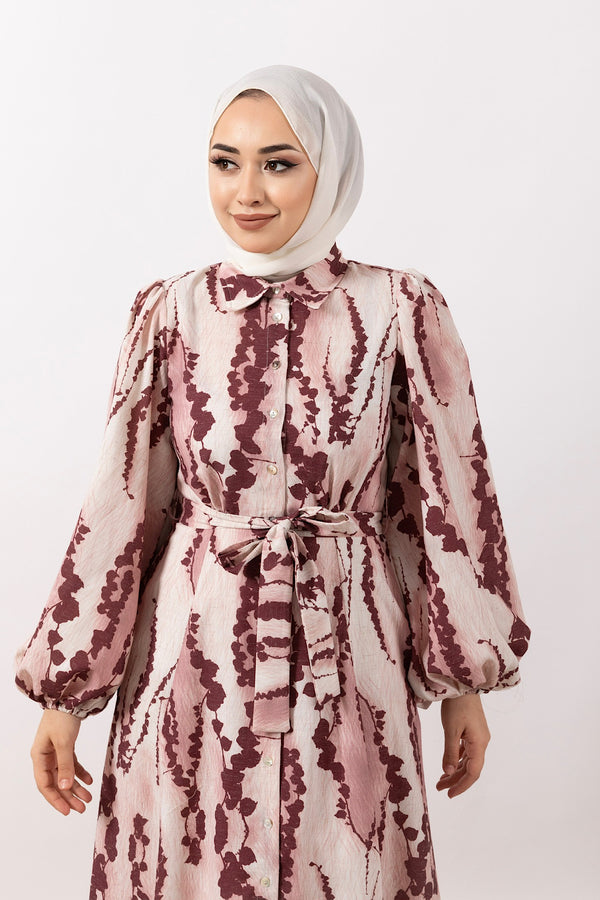 Gloria Boydan Düğmeli Keten Elbise Bordo 3047-BORDO