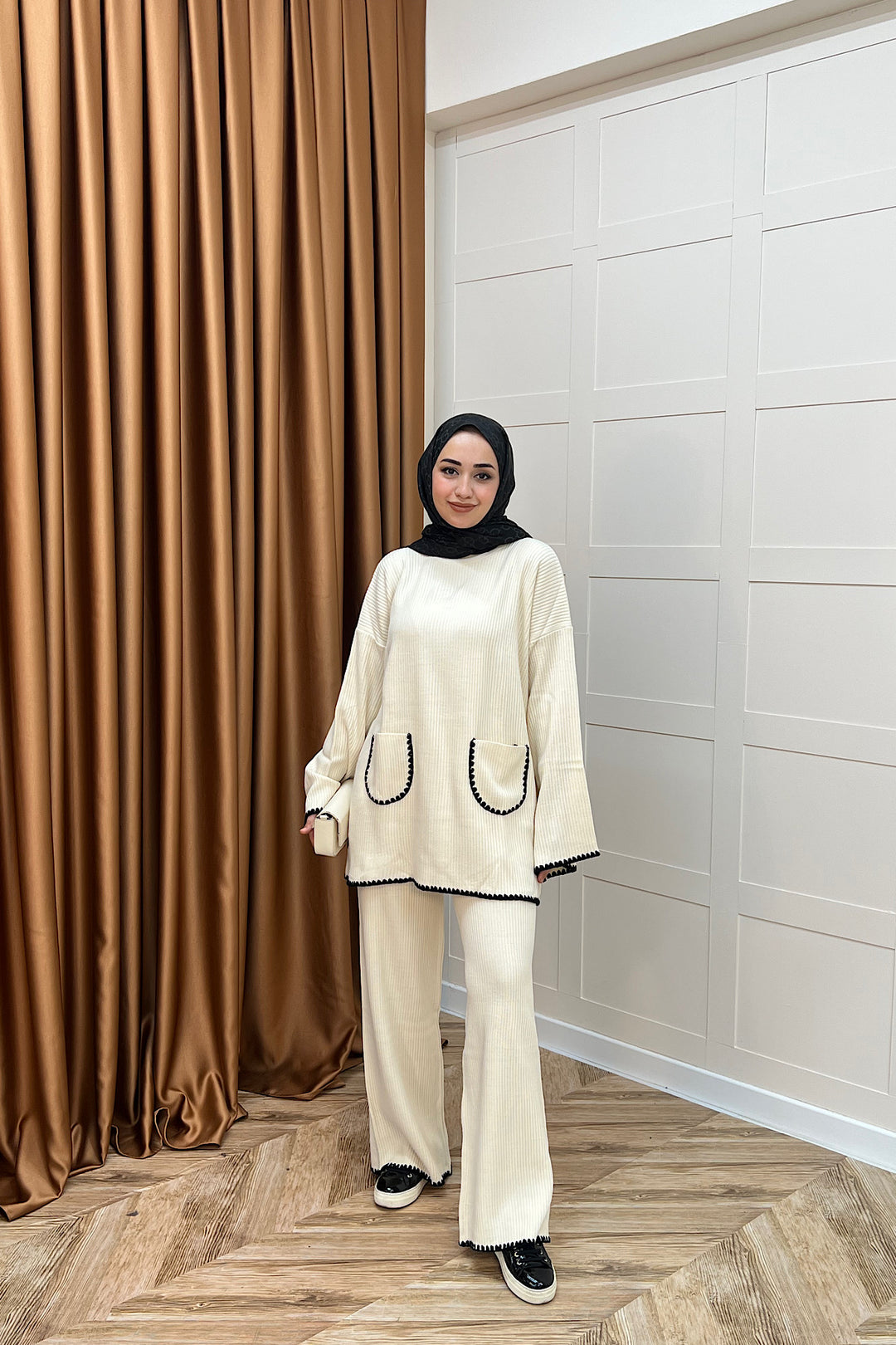 Cep Örgülü Triko Takım Krem 24200-KREM