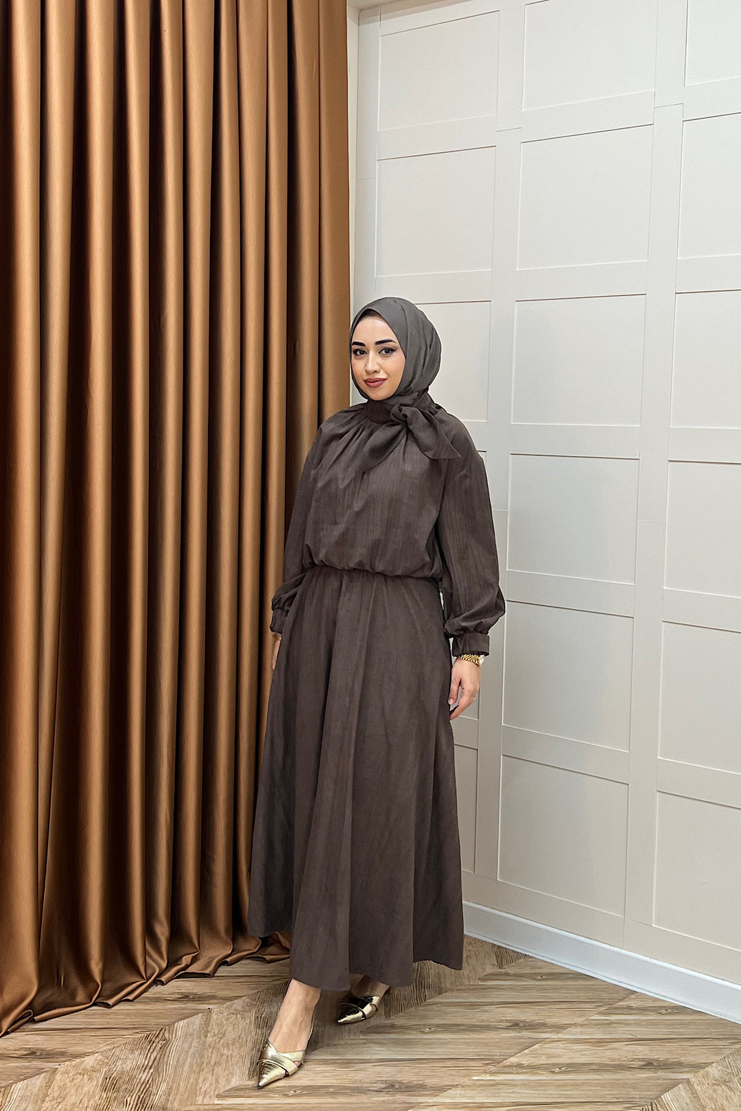 Luna Yaka Fularlı Etek Takım Kahverengi 3183-KAHVERENGI