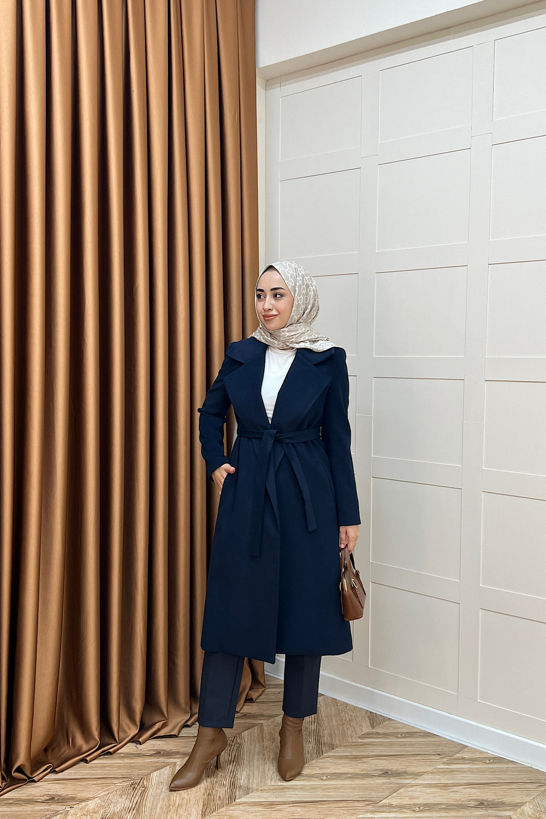 Premium Kuşaklı Kaşe Kaban Lacivert 5510-LACIVERT