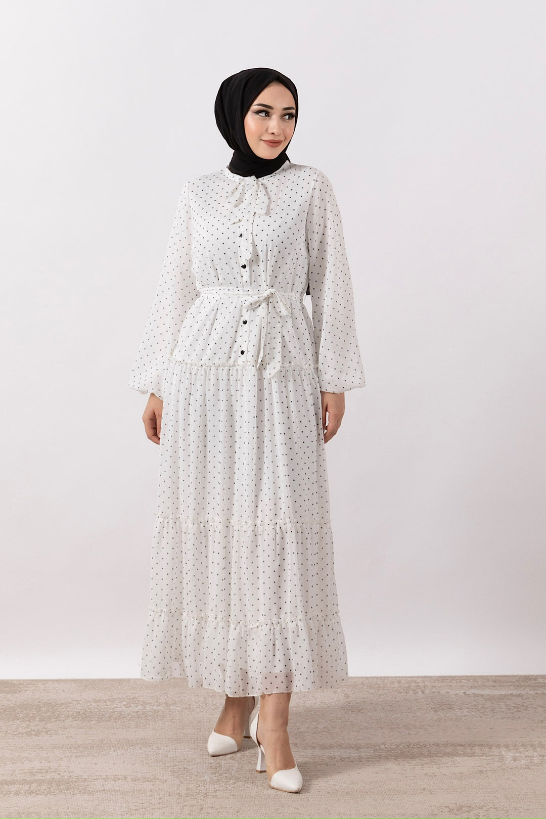 Lena Puantiyeli Şifon Elbise Beyaz 3036-BEYAZ