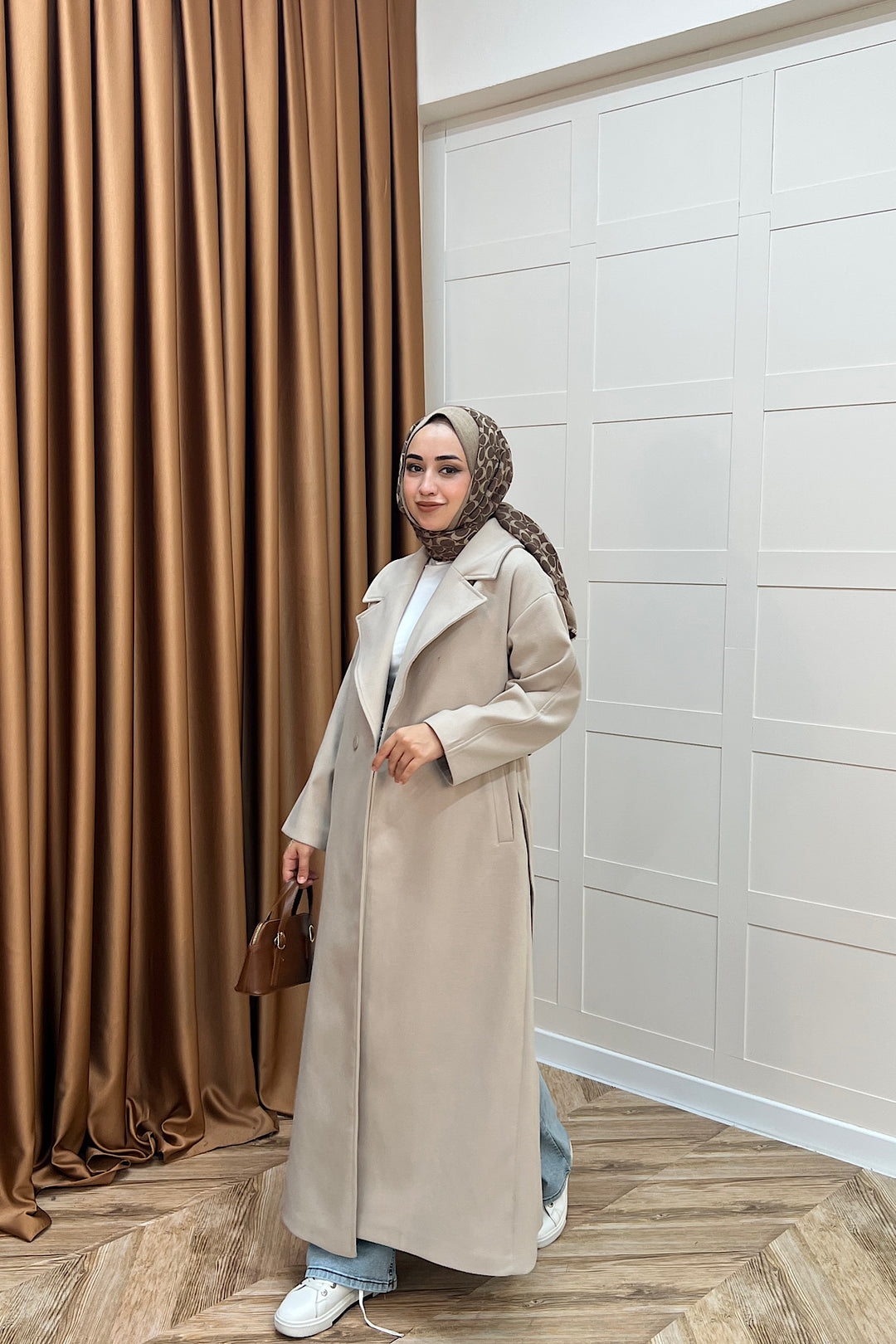 Retro Premium Kumaş Uzun Kaşe Kaban Taş 5509-TAS