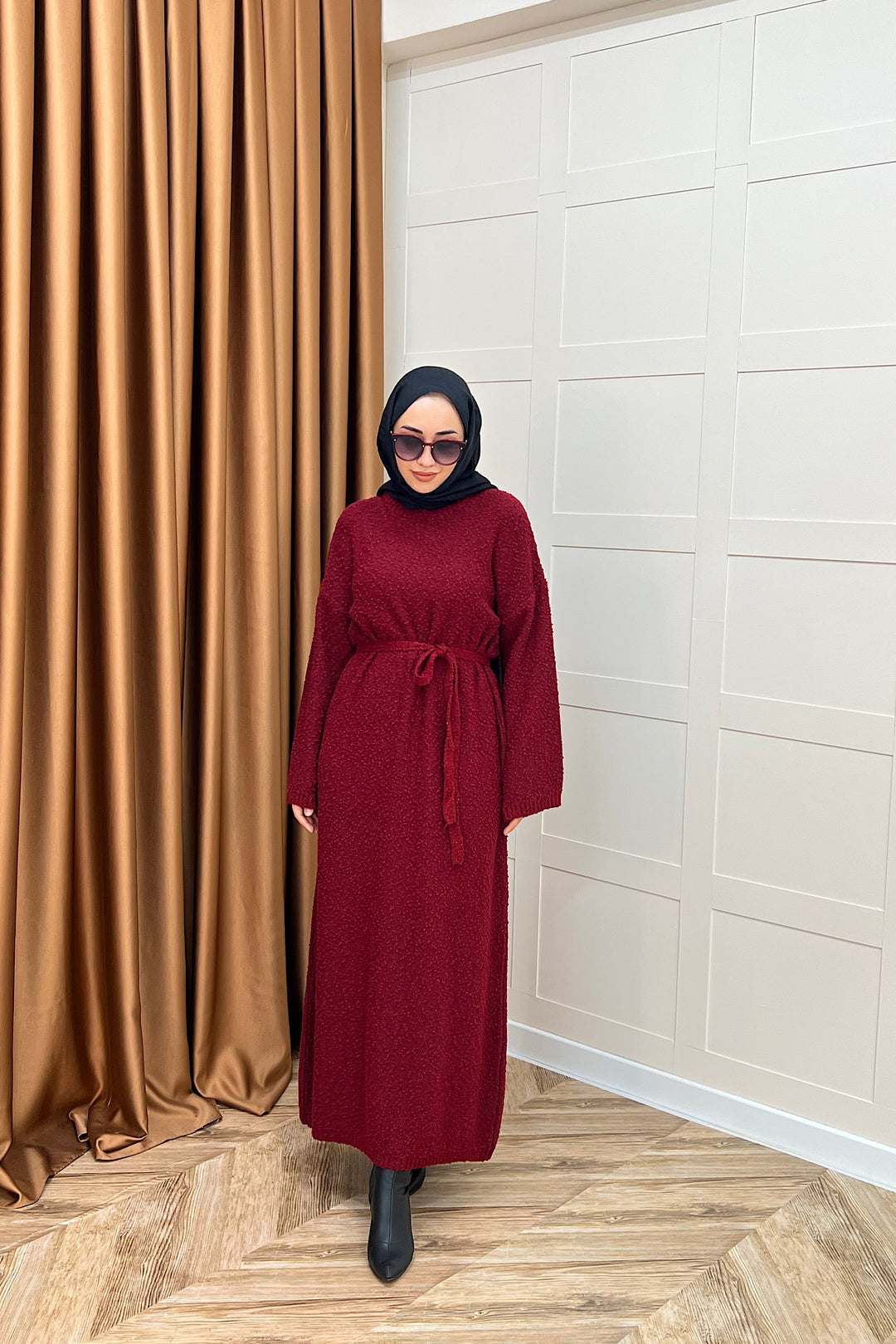 Yumoş Sim Karışımlı Salaş Triko Elbise Bordo 252500-BORDO