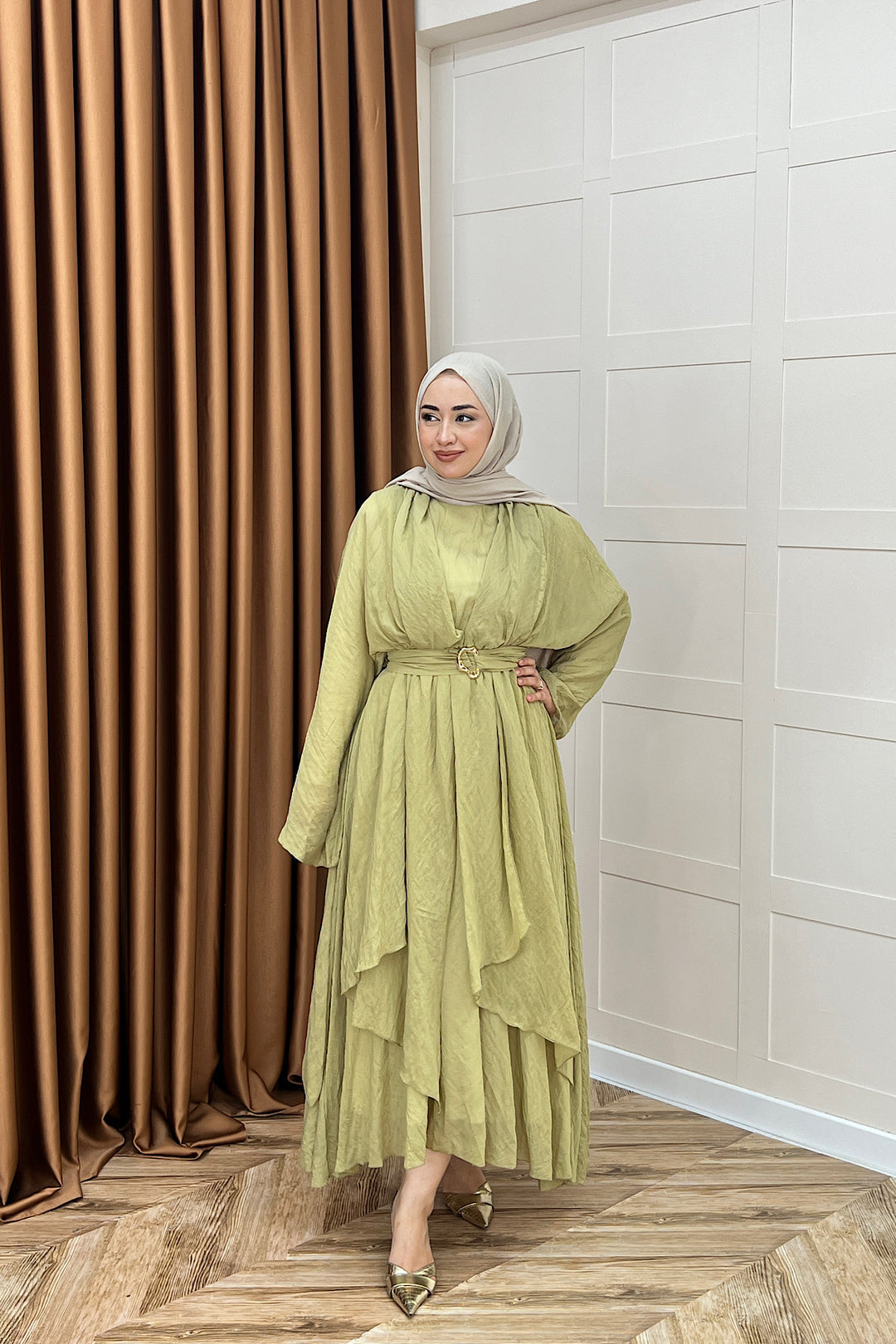 Flora Tül Modal Elbise Yeşil 8052-YESIL