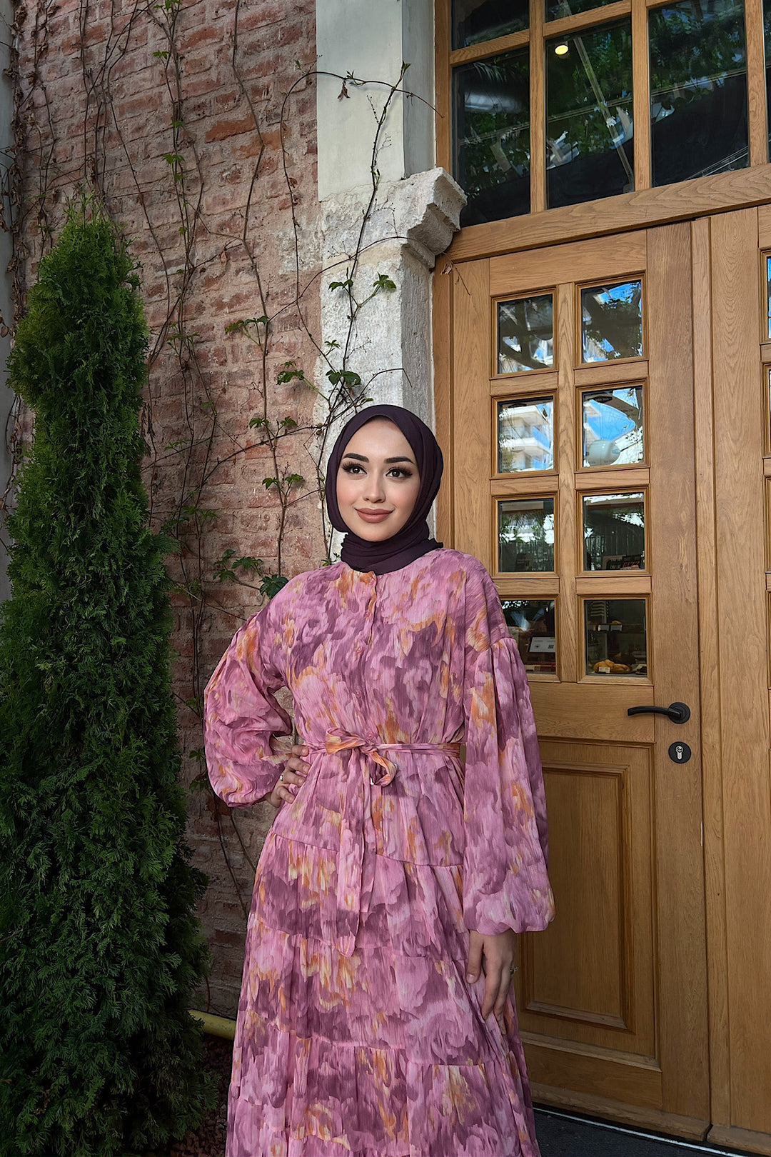Lily Rüya Desen Şifon Elbise Pembe 3037-PEMBE