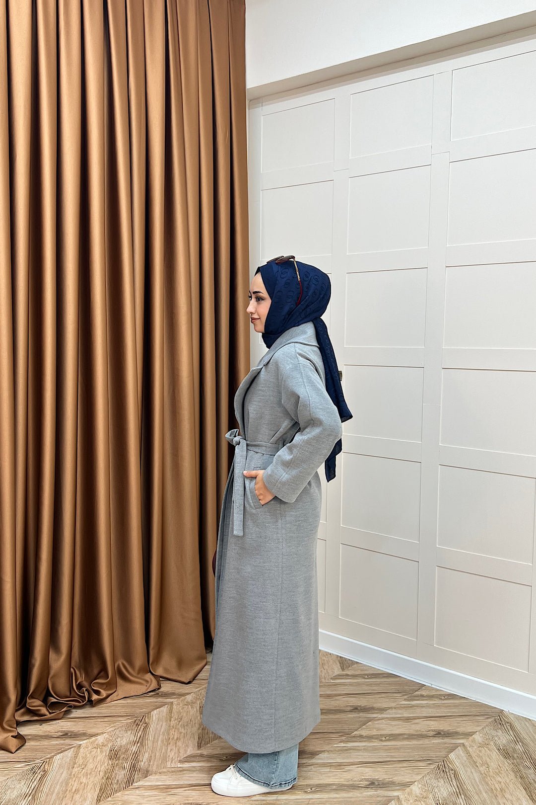 Retro Premium Kumaş Uzun Kaşe Kaban Gri 5509-GRI