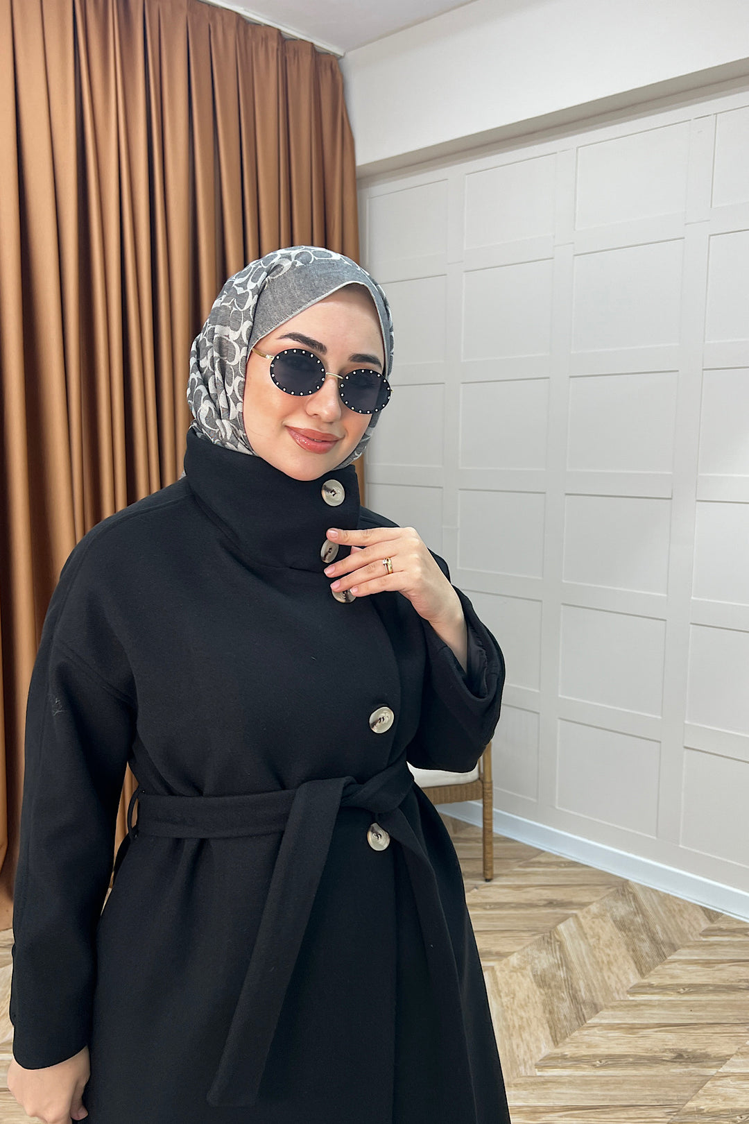 Siena Kuşaklı Kaşe Kaban Siyah 5537-SIYAH