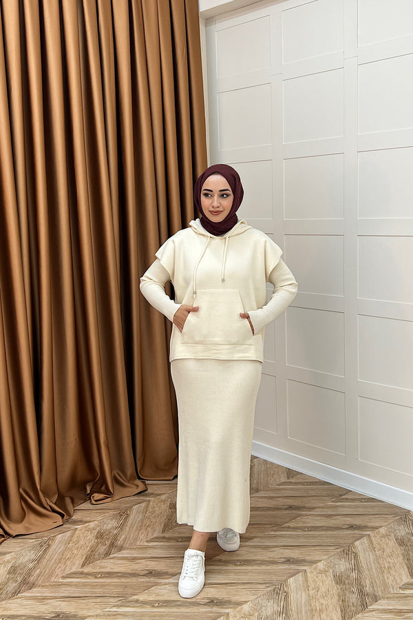 Üst Kapüşonlu İkili Triko Elbise Krem 25290-KREM