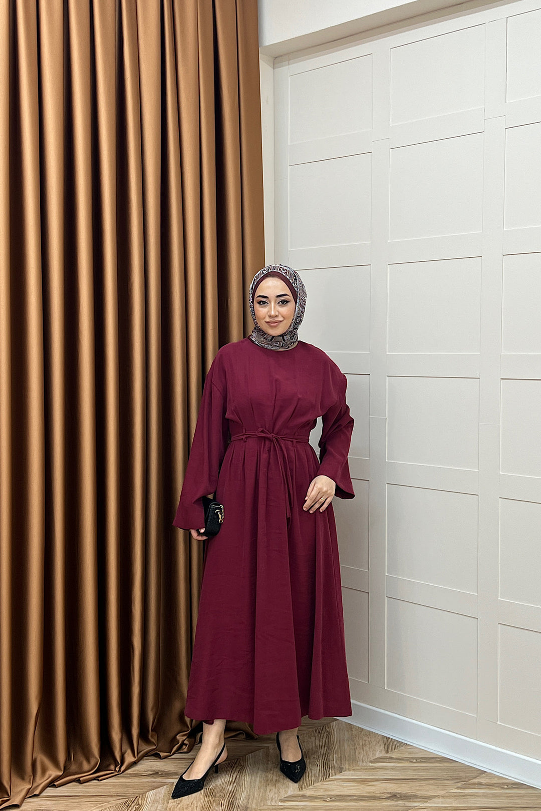 Alya Belden Bağlamalı Elbise Bordo 39020-BORDO