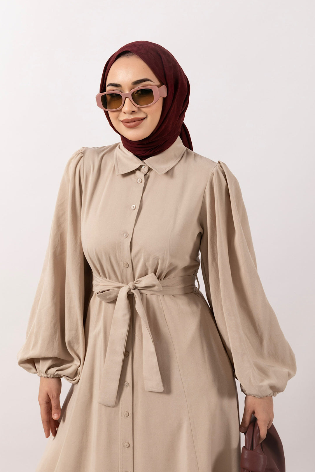 Boydan Düğmeli Keten Elbise Taş 3045-TAS