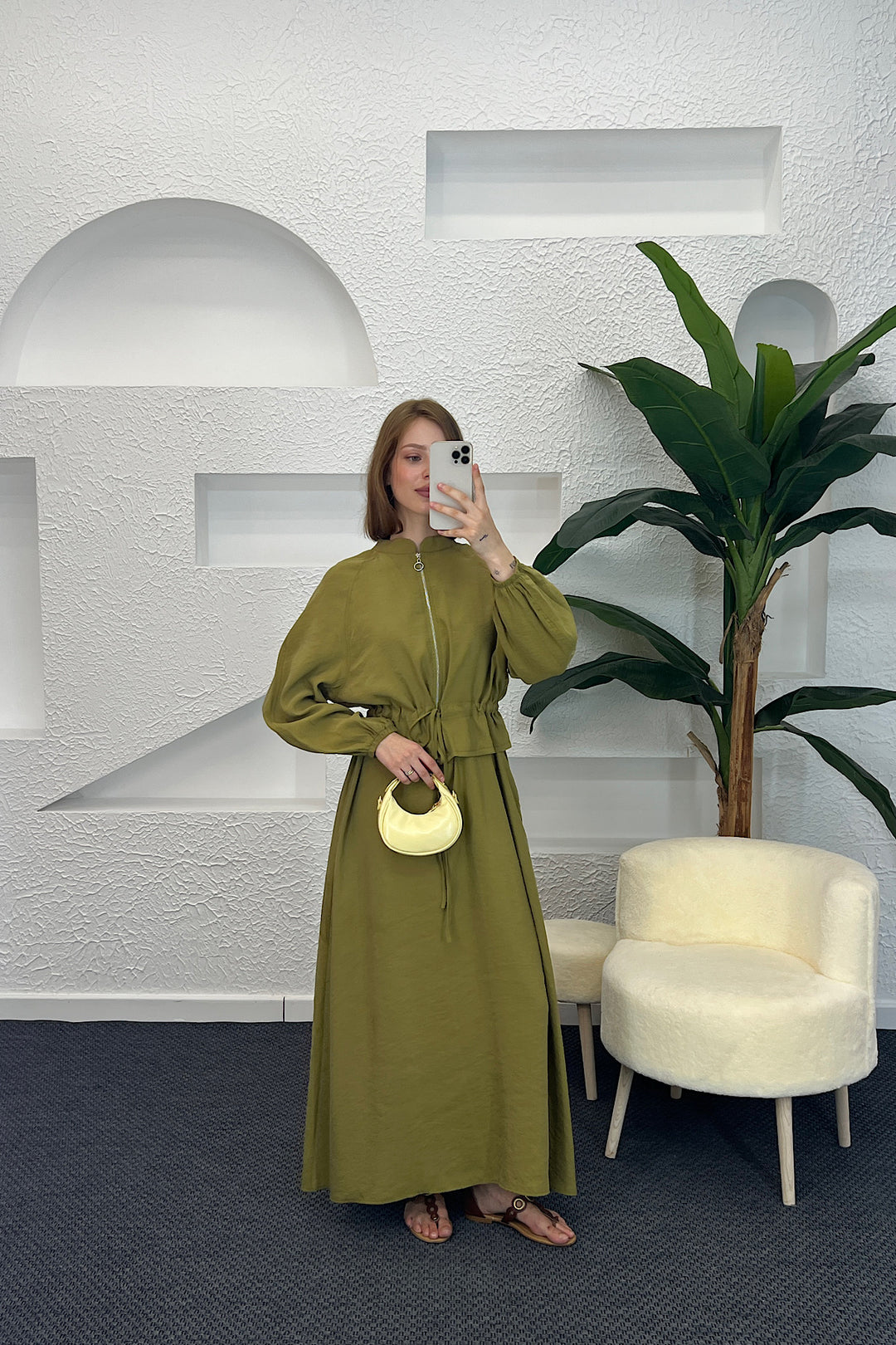 Belden Büzgülü Fermuar Detay Elbise Yağ Yeşili 2889-YAGYESILI