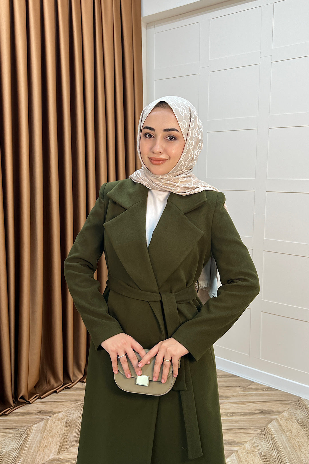 Premium Kuşaklı Kaşe Kaban Haki 5510-HAKI