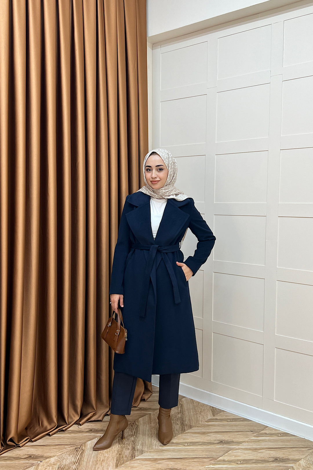 Premium Kuşaklı Kaşe Kaban Lacivert 5510-LACIVERT