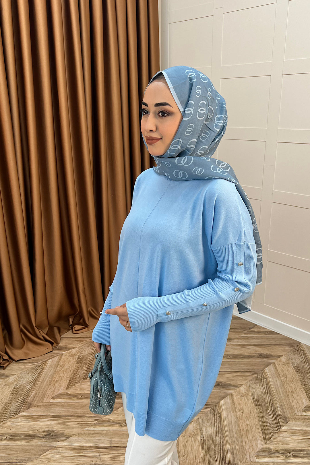 Kol Düğmeli Triko Tunik Mavi 24280-MAVI