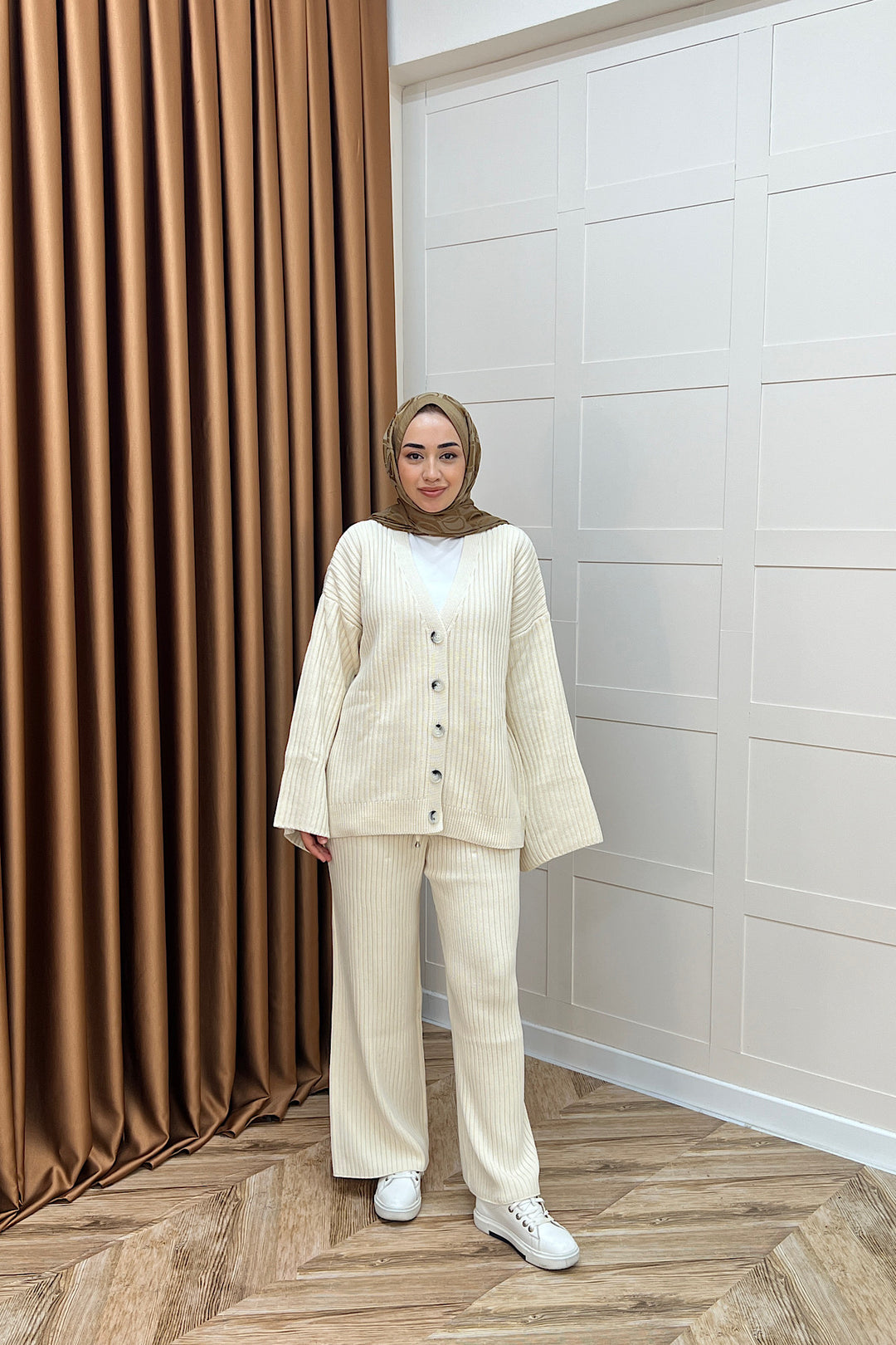 Galata Fitilli Triko Hırka Takım Krem 25630-KREM