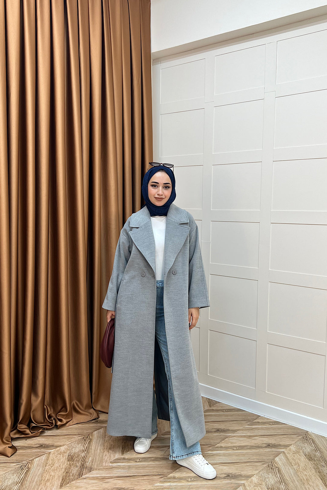 Retro Premium Kumaş Uzun Kaşe Kaban Gri 5509-GRI