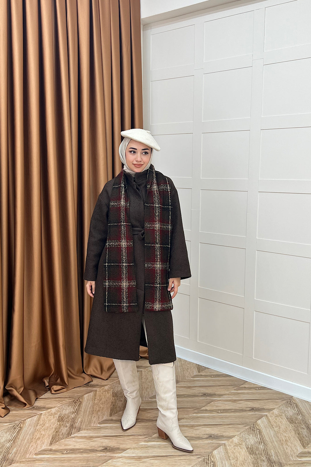 Duru Premium Kumaş Atkı Detay Kaban Kahverengi 5517-KAHVERENGI