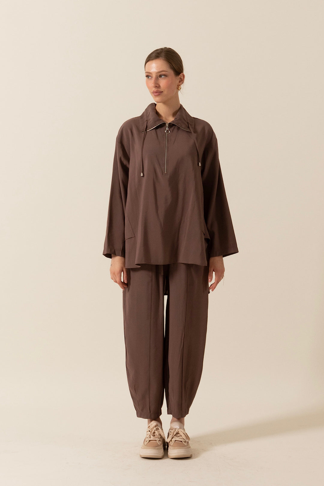 Yarım Fermuar Detay Ikılı Takım Kahverengı 8370-KAHVERENGI