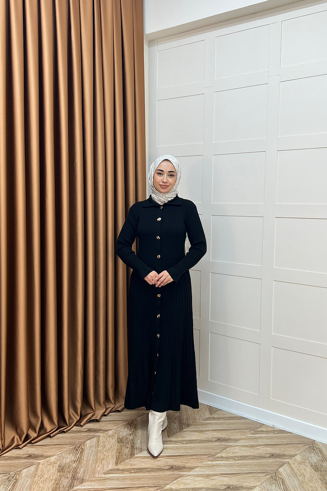 Endam Düğmeli Triko Elbise Siyah 10201-SIYAH