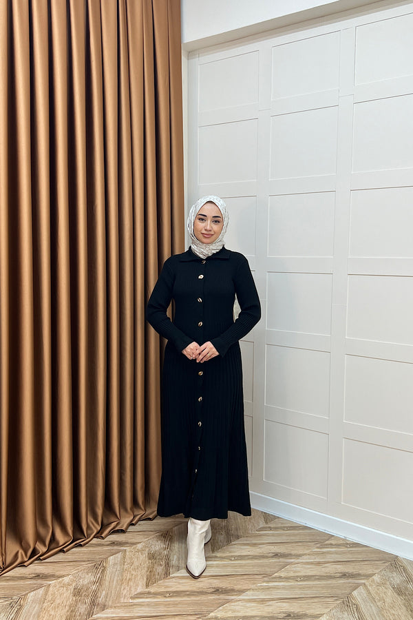 Endam Düğmeli Triko Elbise Siyah 10201-SIYAH