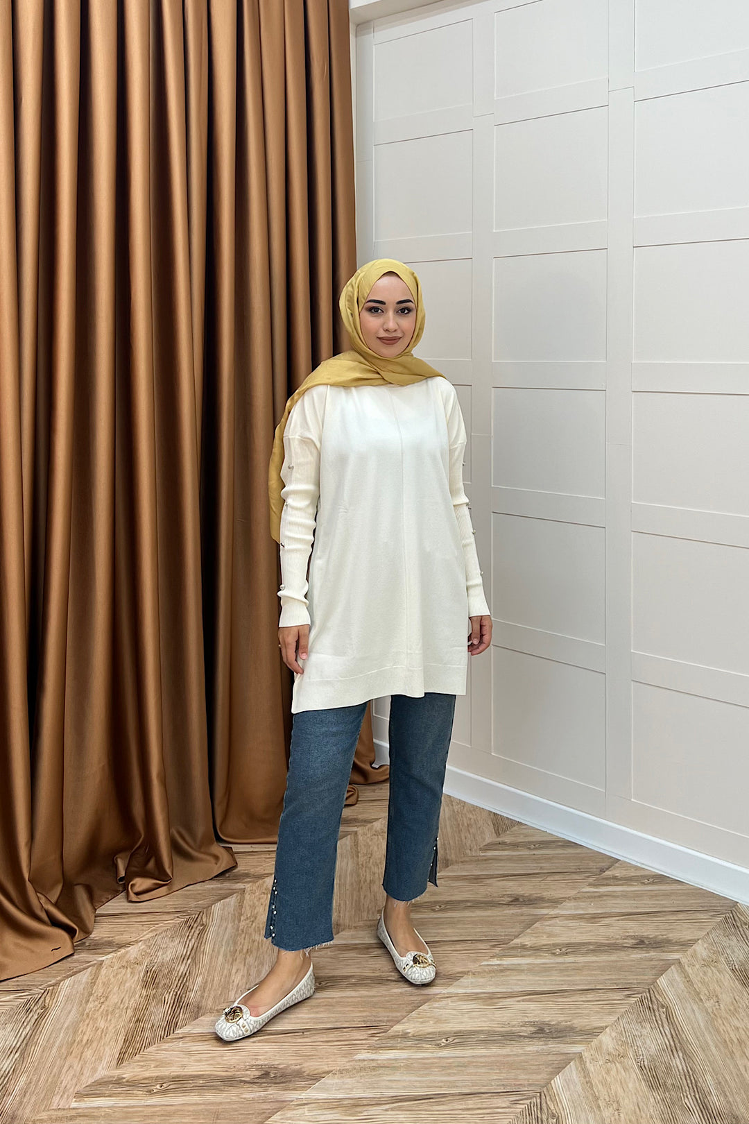 Kol Düğmeli Triko Tunik Ekru 24280-EKRU