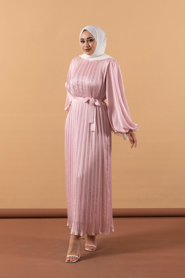 Pileli Saten Elbise Pembe 3003-PEMBE