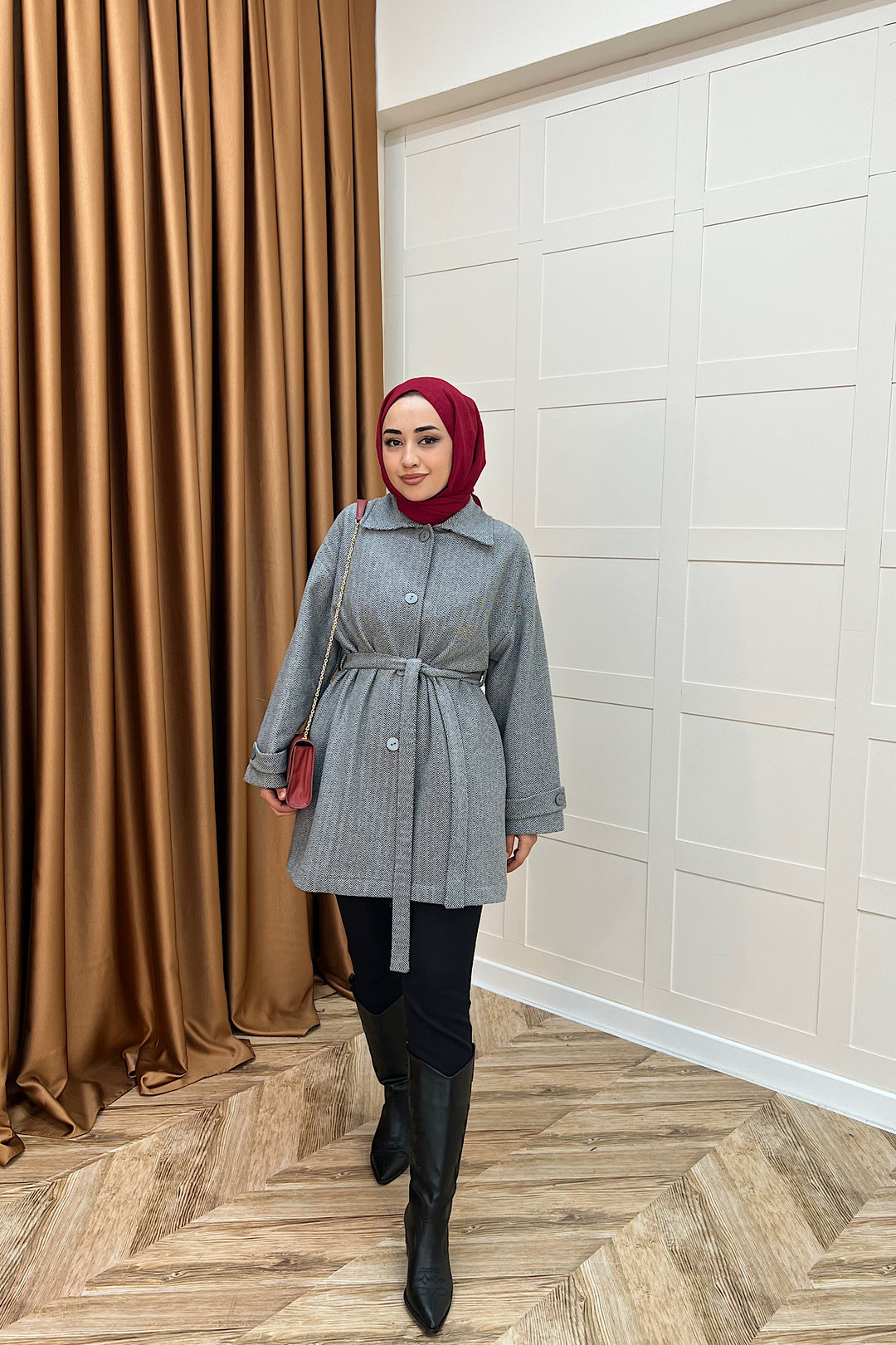 Bensu Kuşaklı Kaşe Kaban Gri 5518-GRI