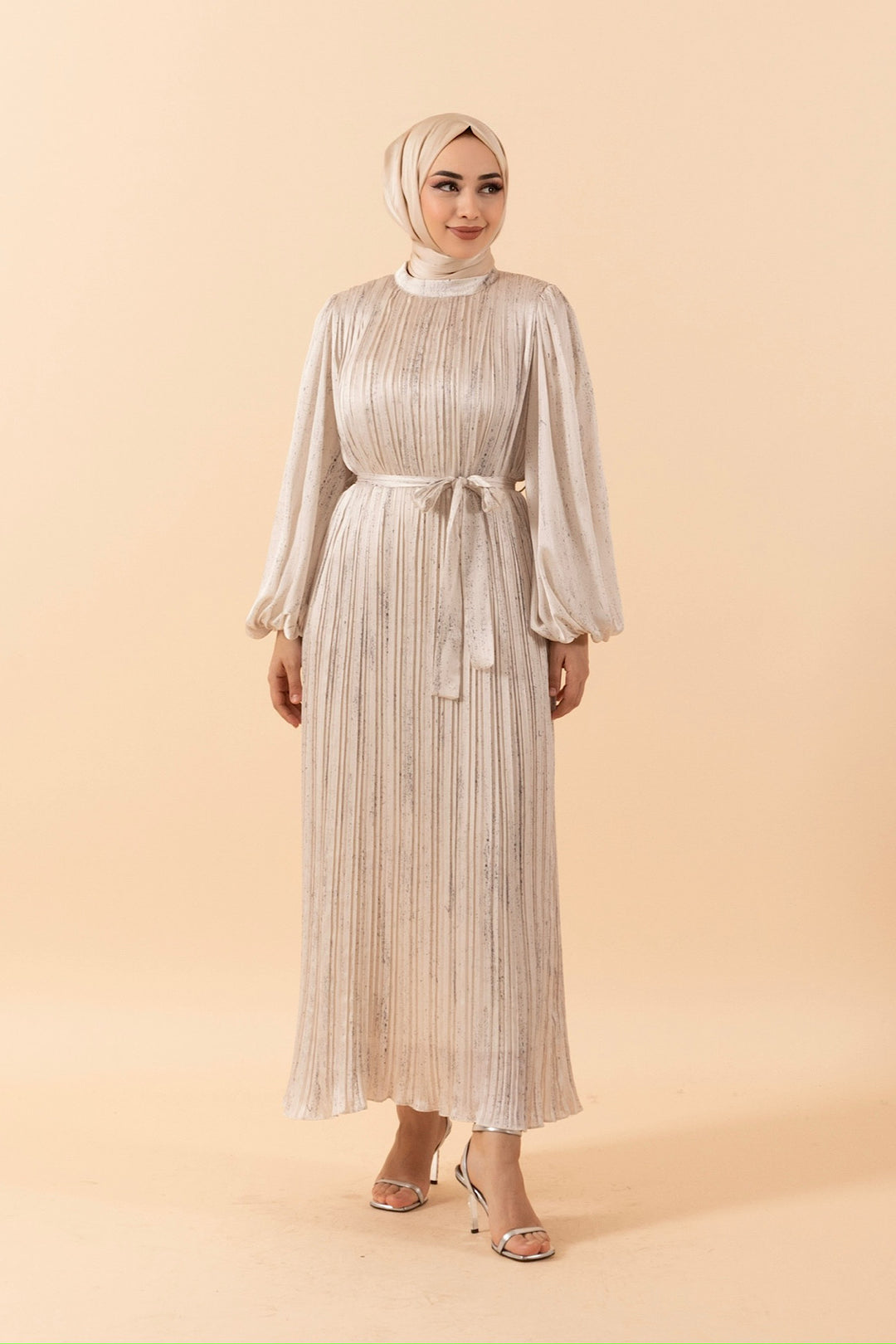 Pileli Saten Elbise Taş 3003-TAS