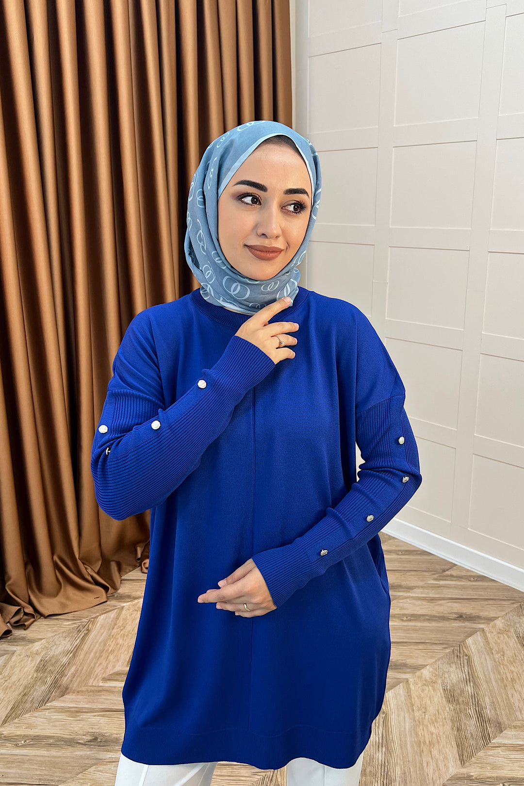 Kol Düğmeli Triko Tunik Saks 24280-SAKS