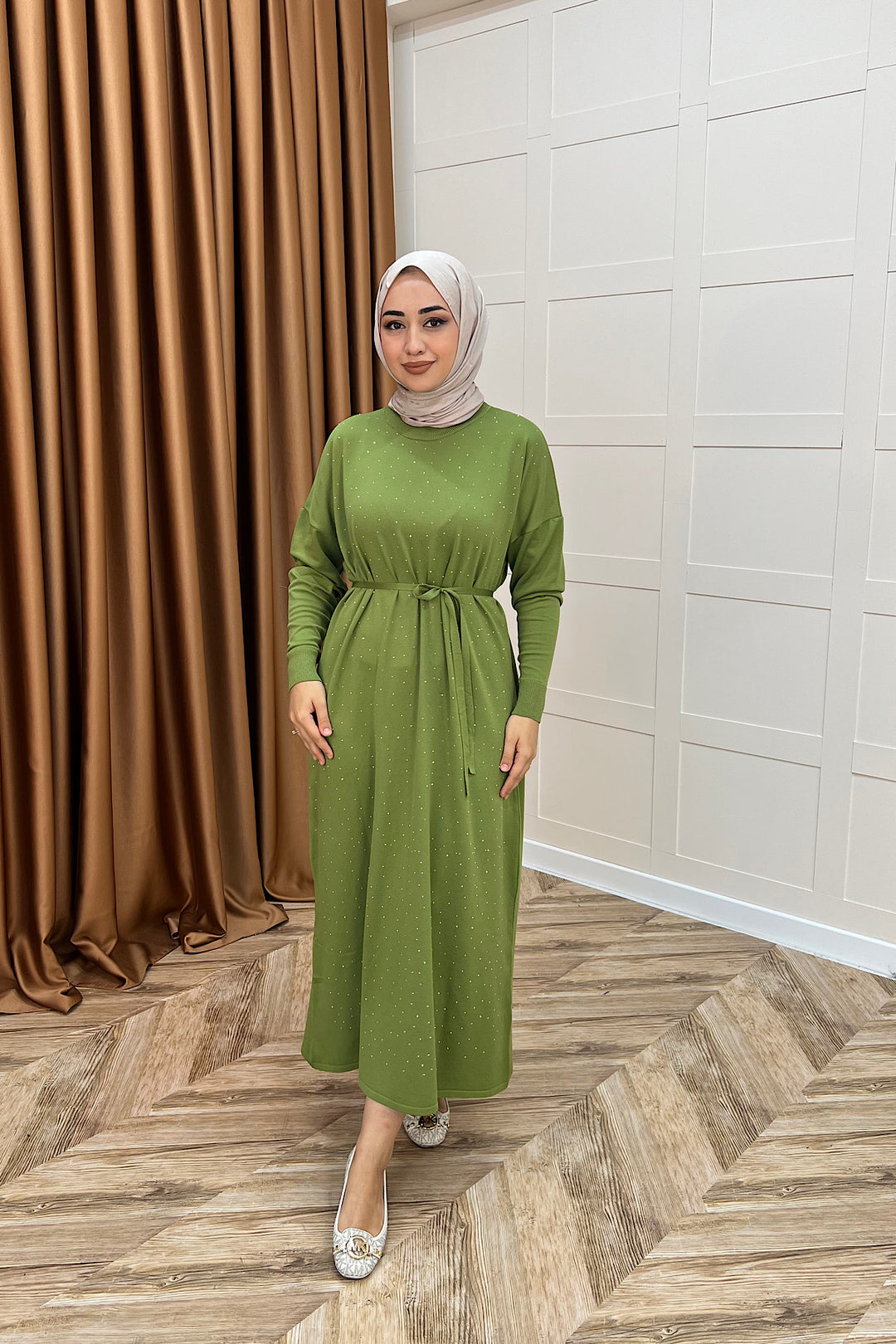 Mabel Taşlı Triko Elbise Yağ Yeşili 25270-YAGYESILI