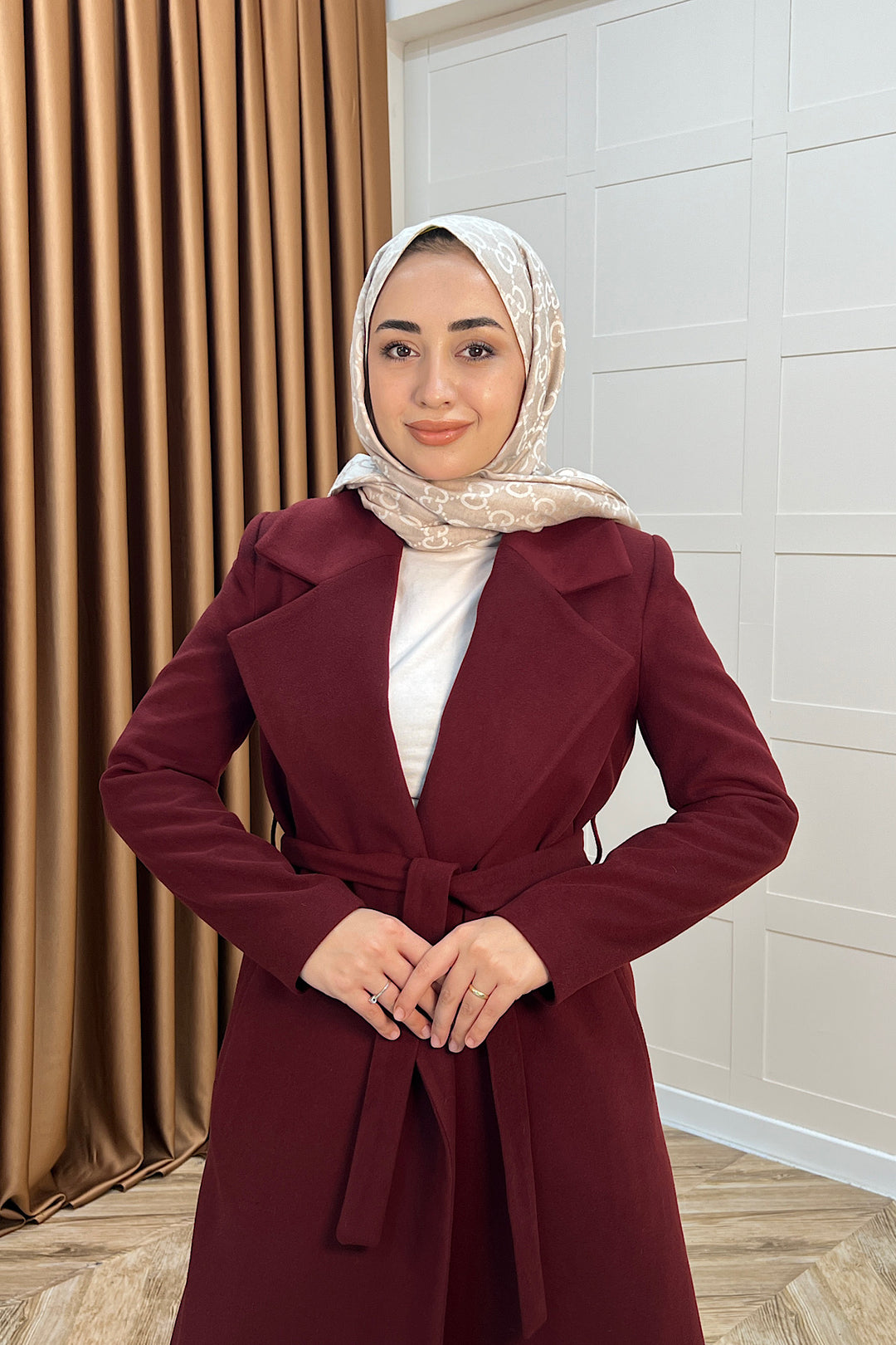 Premium Kuşaklı Kaşe Kaban Bordo 5510-BORDO