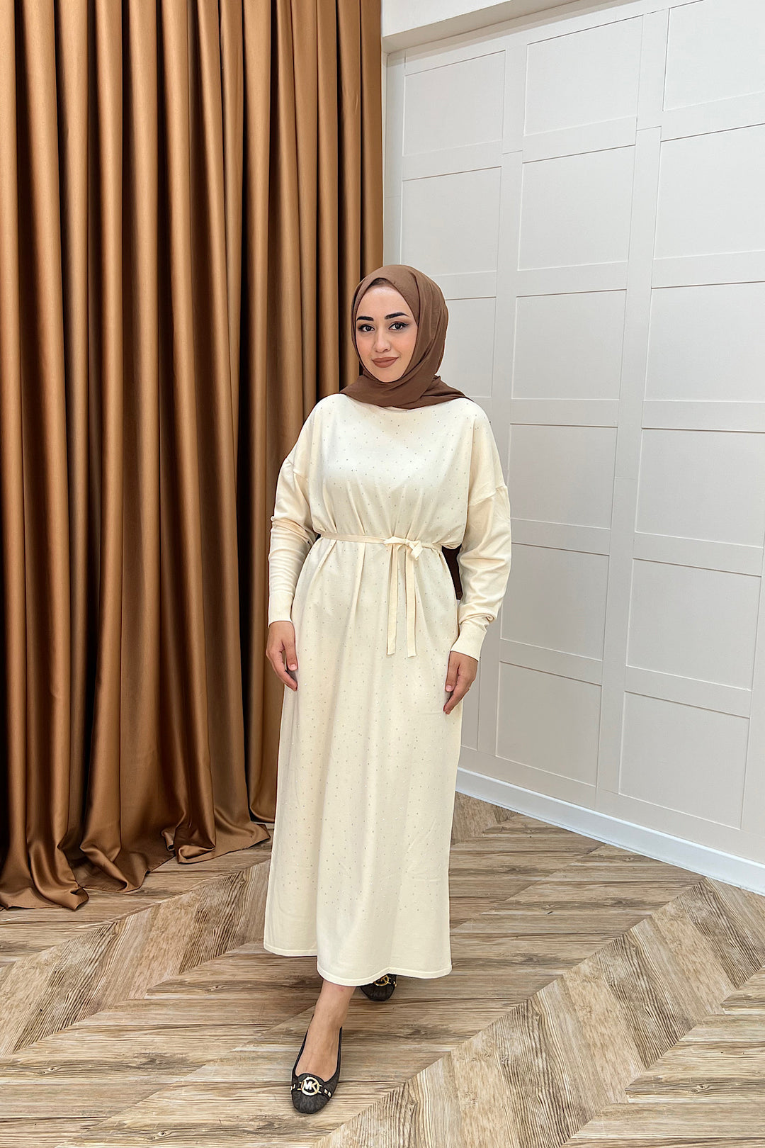 Mabel Taşlı Triko Elbise Krem 25270-KREM