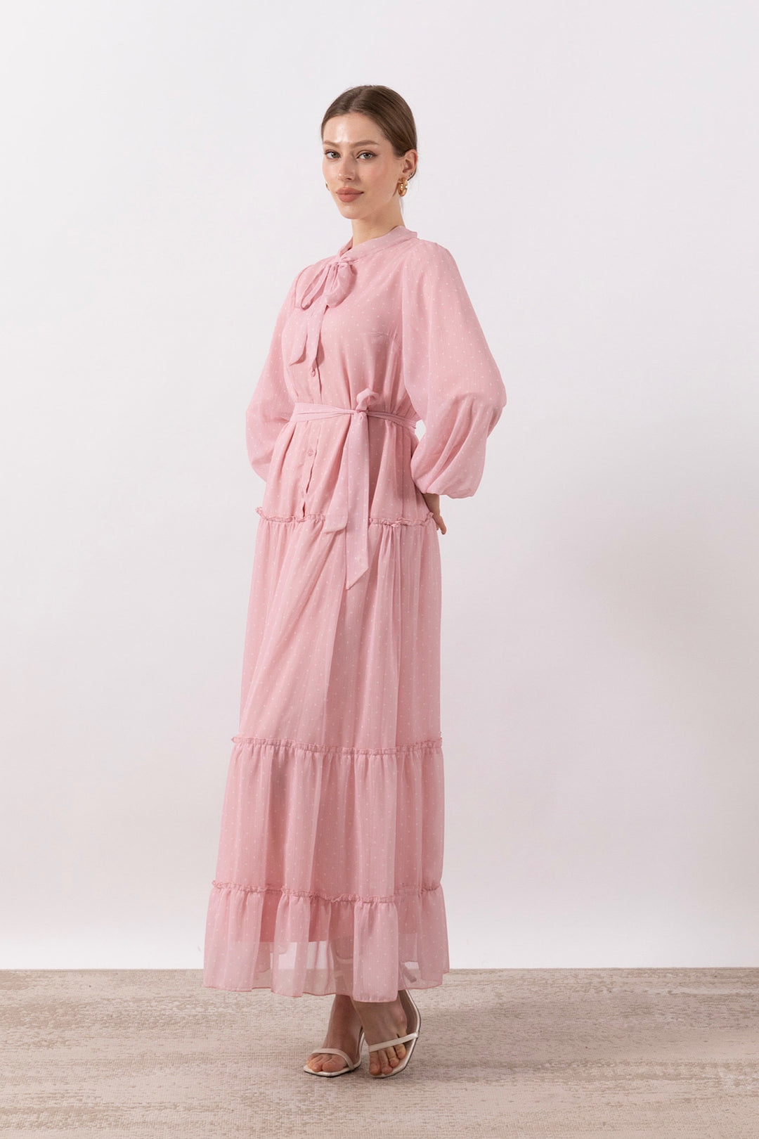 Lena Puantiyeli Şifon Elbise Pembe 3036-PEMBE
