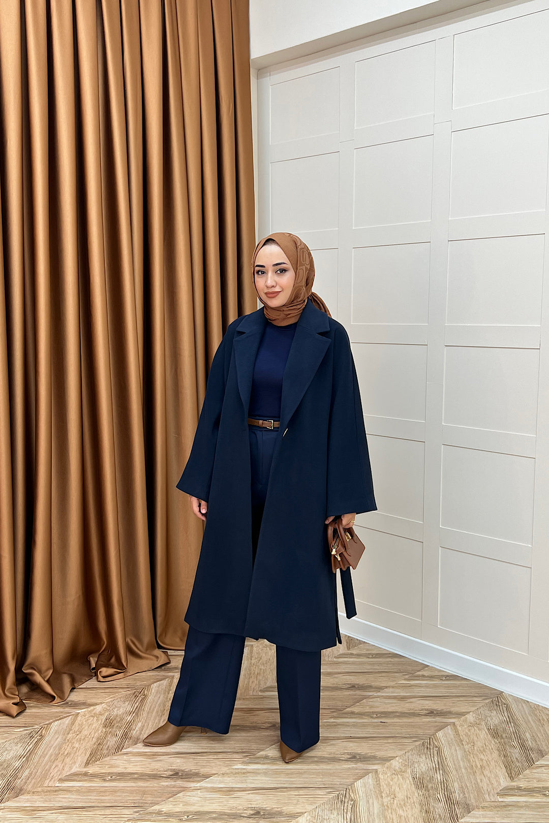 Yıldız Premium Kumaş Kuşaklı Kaban Lacivert 5515-LACIVERT