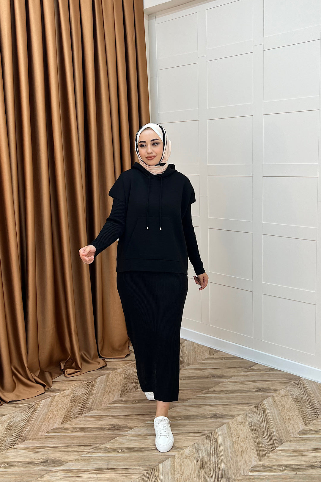 Üst Kapüşonlu İkili Triko Elbise Siyah 25290-SIYAH