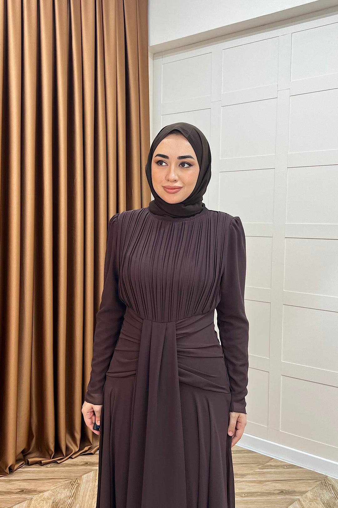 Elanor Bel Detay Şifon Abiye Kahverengi 3092-KAHVERENGI