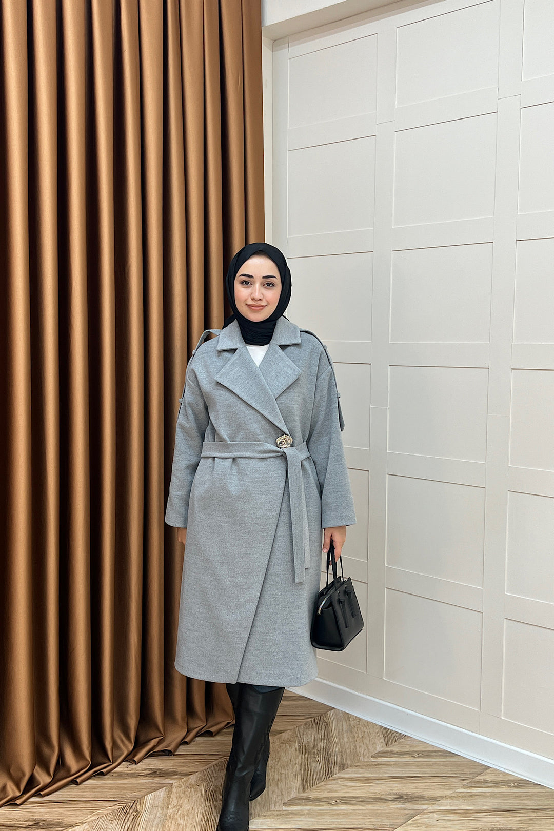 Parya Omuz Detay Kaşe Kaban Gri 5531-GRI