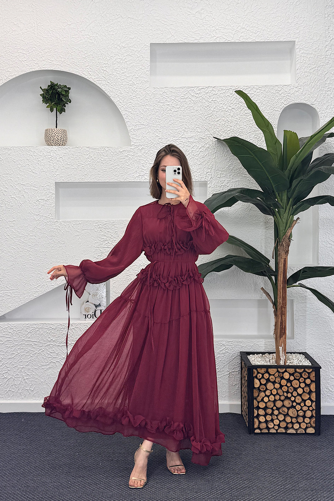 Floral Elbise Bordo 9024-BORDO